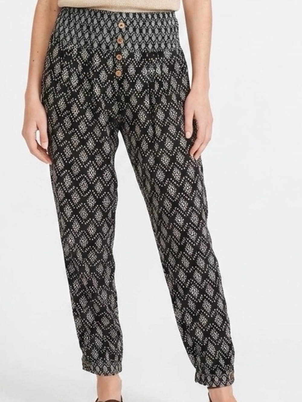 Garnet Hill Organic-Cotton Gauze Gathered Pants Geometric Print & Pockets M